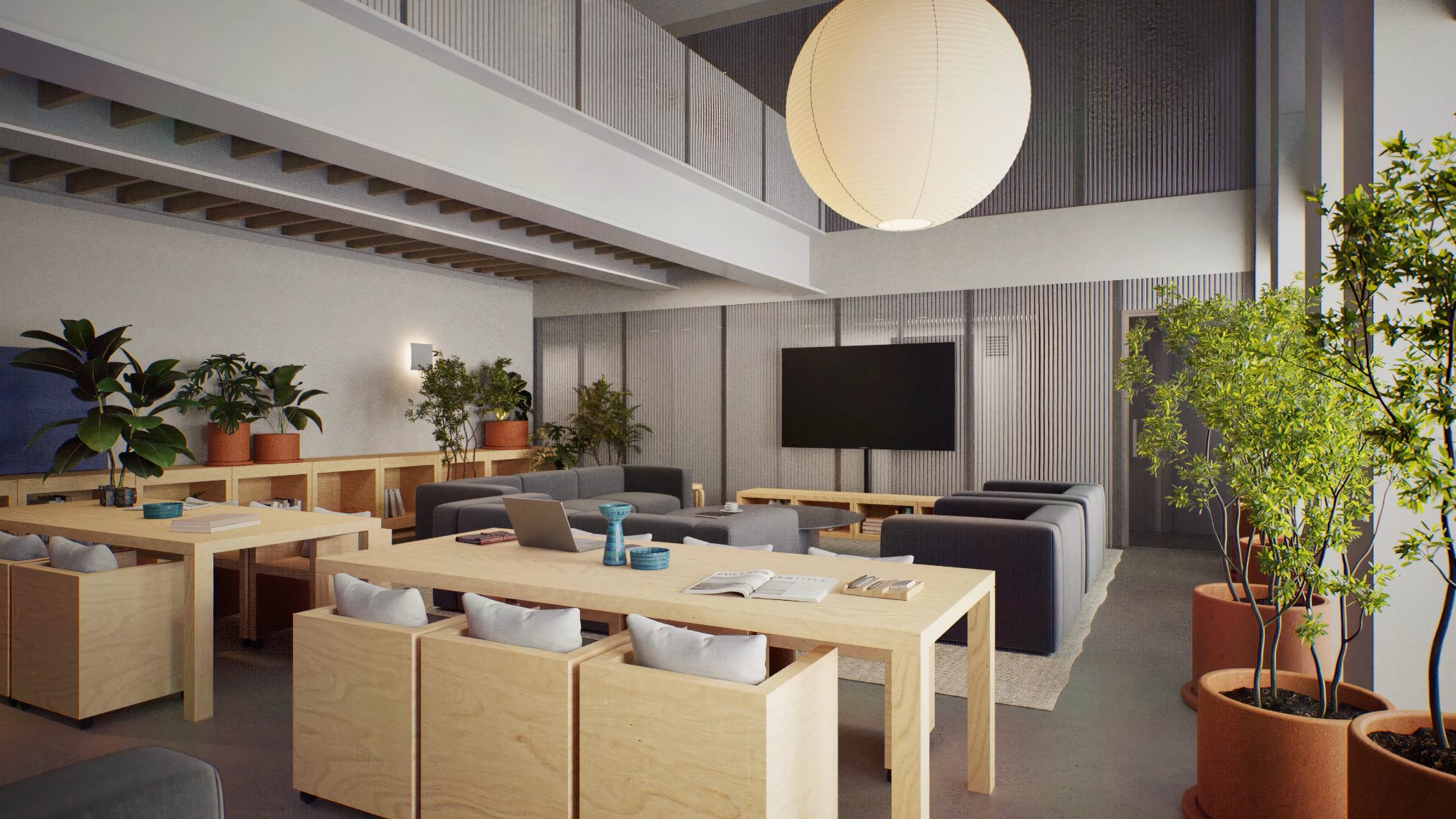 Lounge de Henry, sala común con luminaria de papel, render