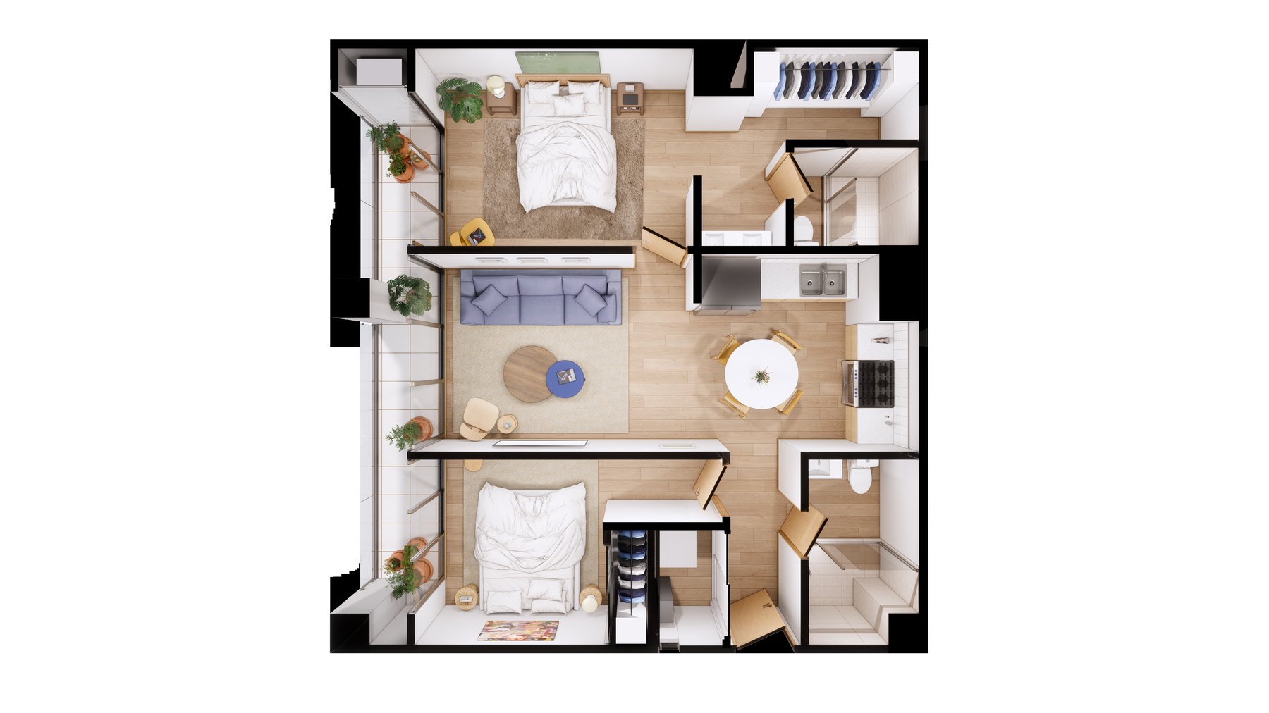 Planta ilustrada de la residencia Cedro, 89.63 m², 2 recámaras, 2 baños