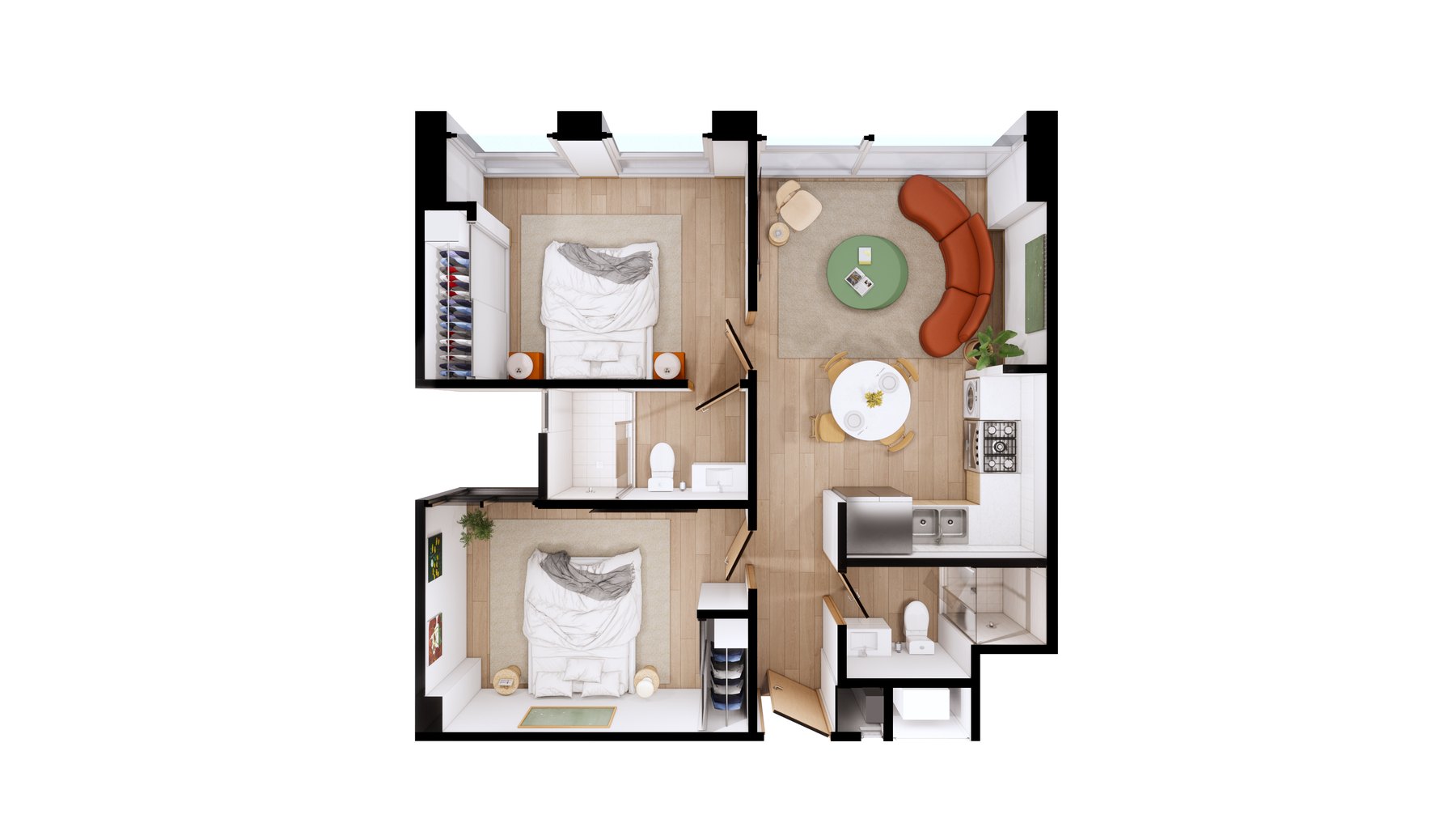 Planta ilustrada de la residencia Ciprés, 68.47 m², 2 recámaras, 2 baños