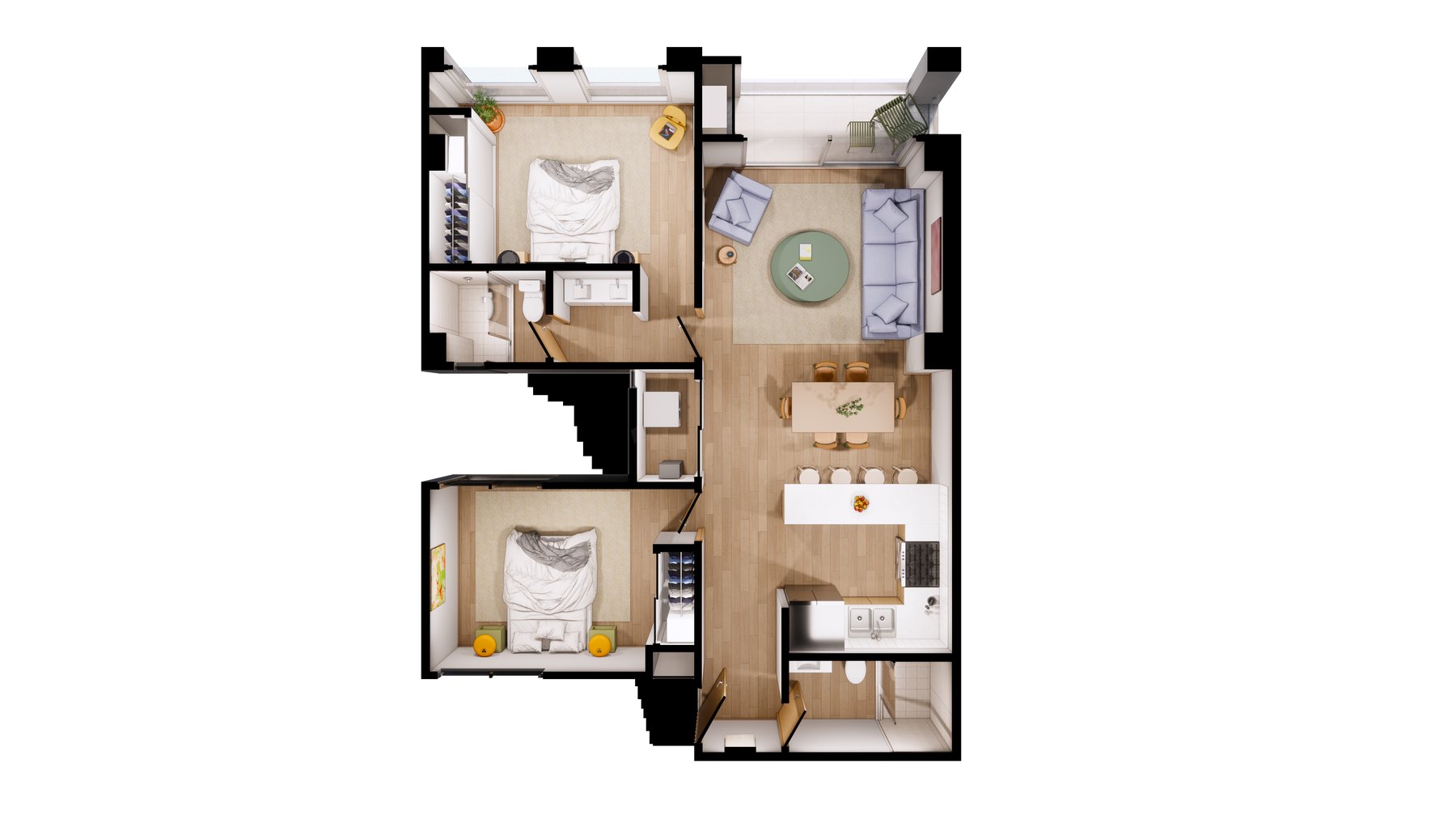 Planta ilustrada de la residencia Laurel, 89.95 m², 2 recámaras, 2 baños