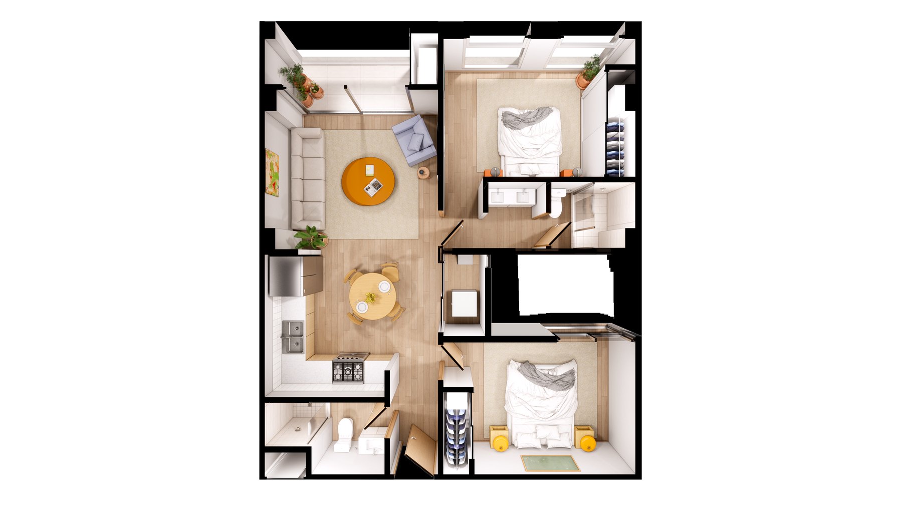 Planta ilustrada de la residencia Nogal, 81.25 m², 2 recámaras, 2 baños