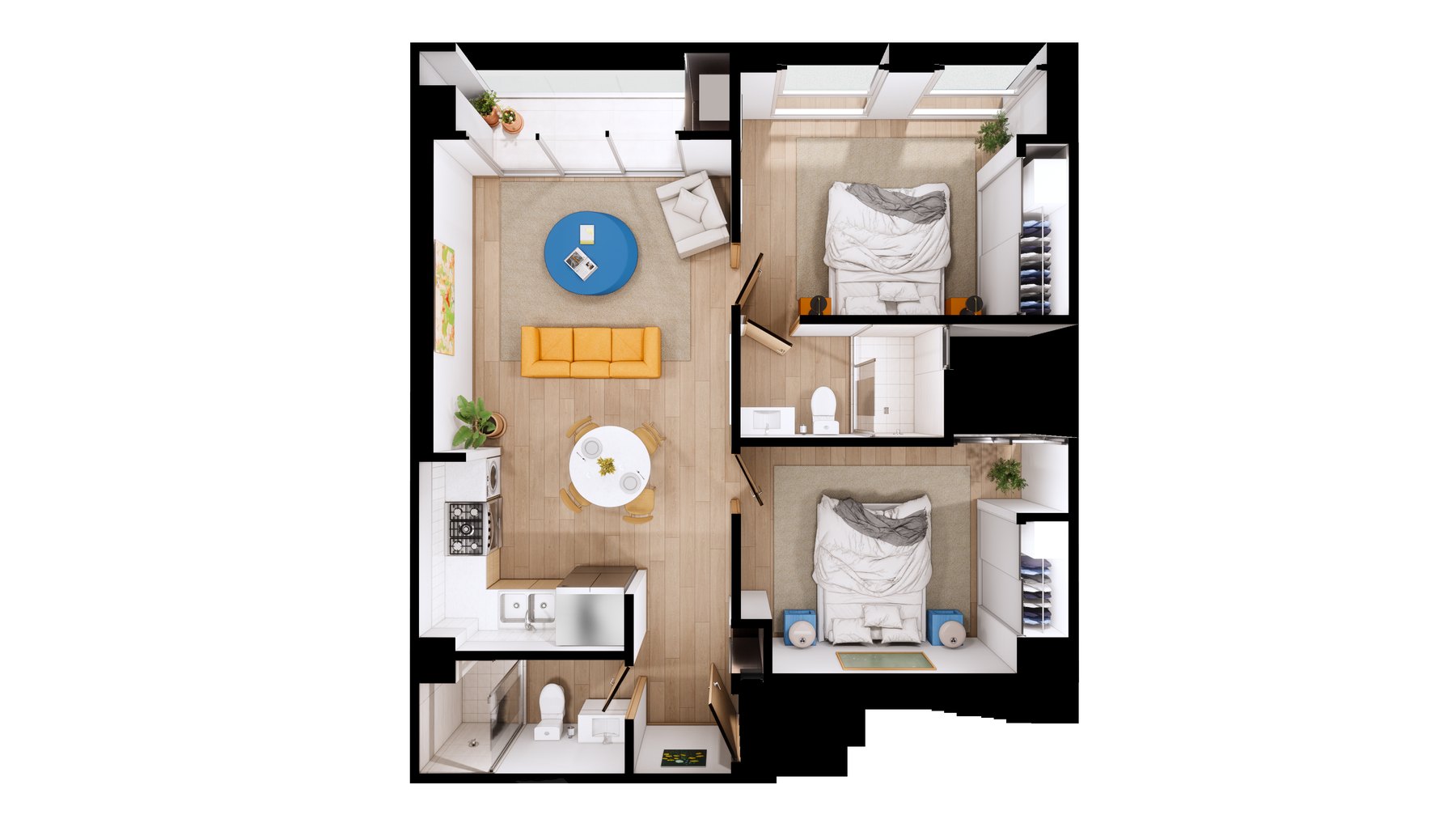 Planta ilustrada de la residencia Roble, 77.48 m², 2 recámaras, 2 baños