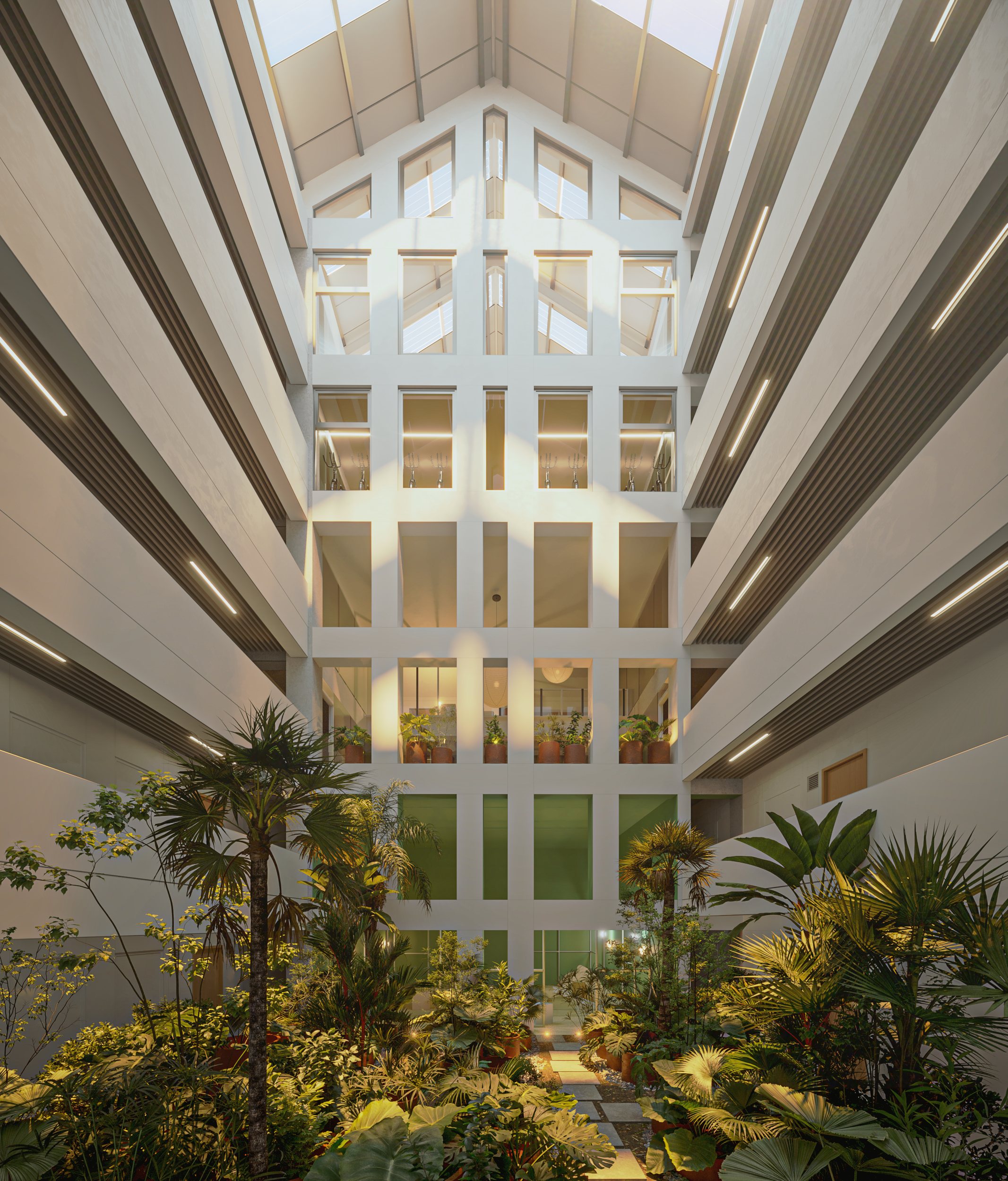 Atrio central de Henry, patio de luz natural, render