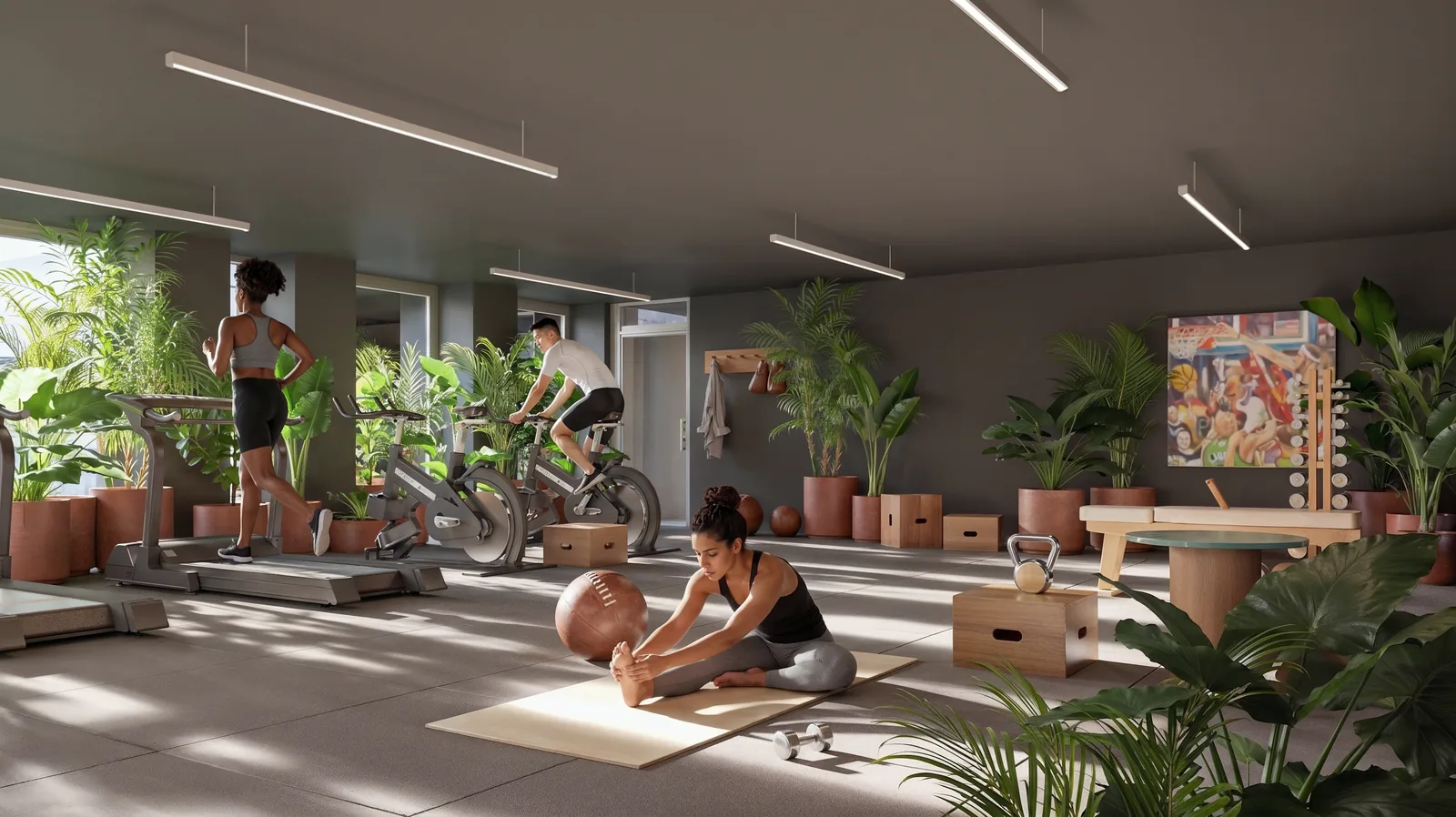 Gimnasio de Henry, equipamiento entre vegetación y luz natural, render