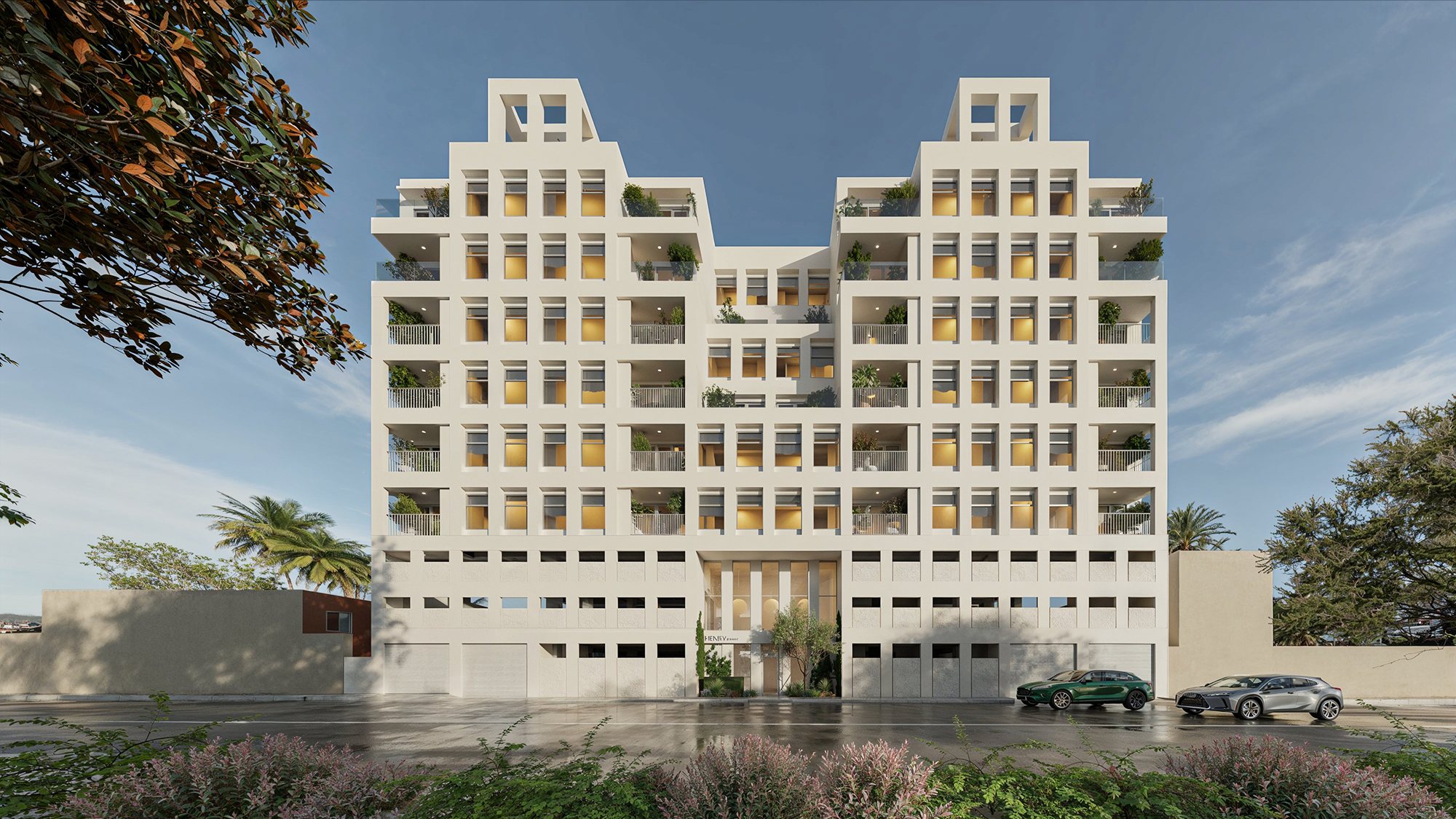 Edificio Henry en La Ermita, fachada de ocho niveles desde la calle, render