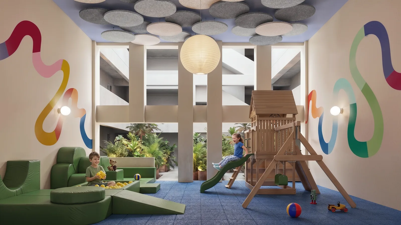 Ludoteca de Henry, niños jugando en el área infantil, render