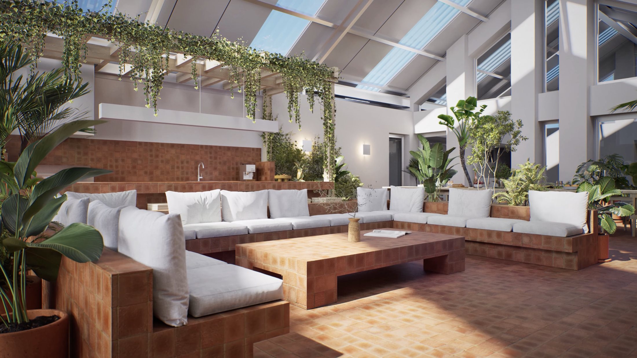 Rooftop de Henry, terraza en la azotea con vista a la ciudad, render