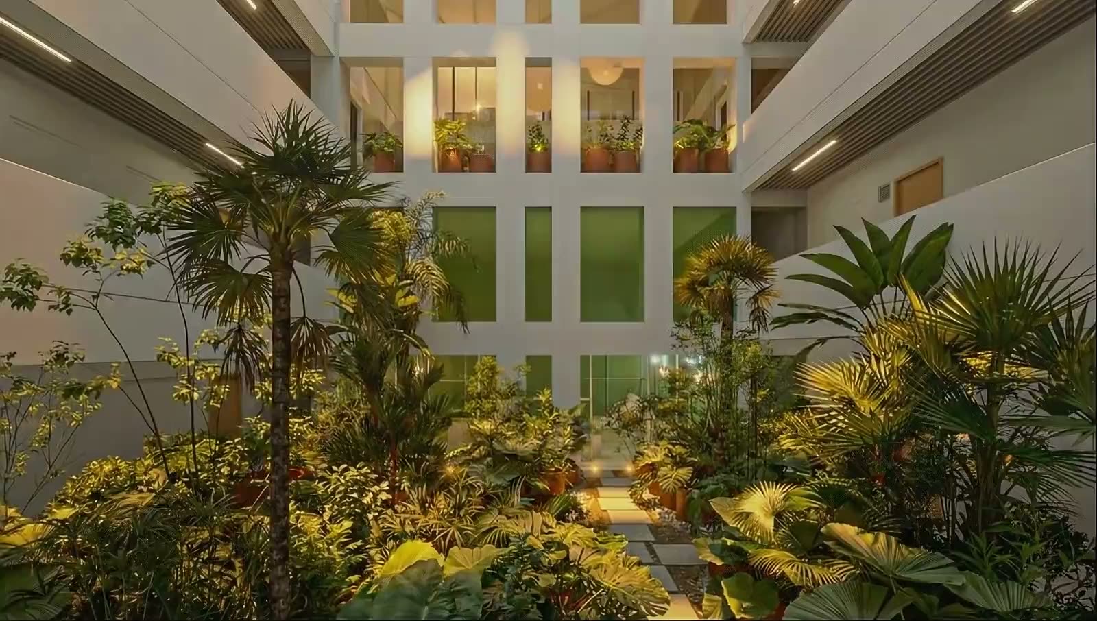 Atrio central de Henry, patio interior de luz natural cayendo por los niveles, render
