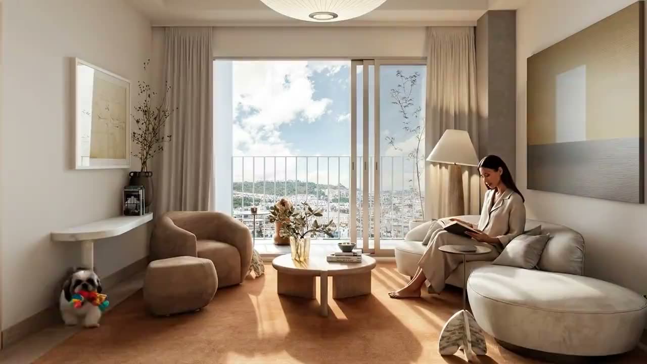 Interior de una residencia Henry, sala y comedor con luz natural, render Faury Studio